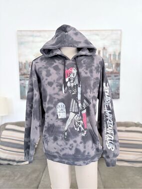 Hot Topic Black and Gray Tie-Dye Zombie Makeout Club Anime Graphic Hoodie